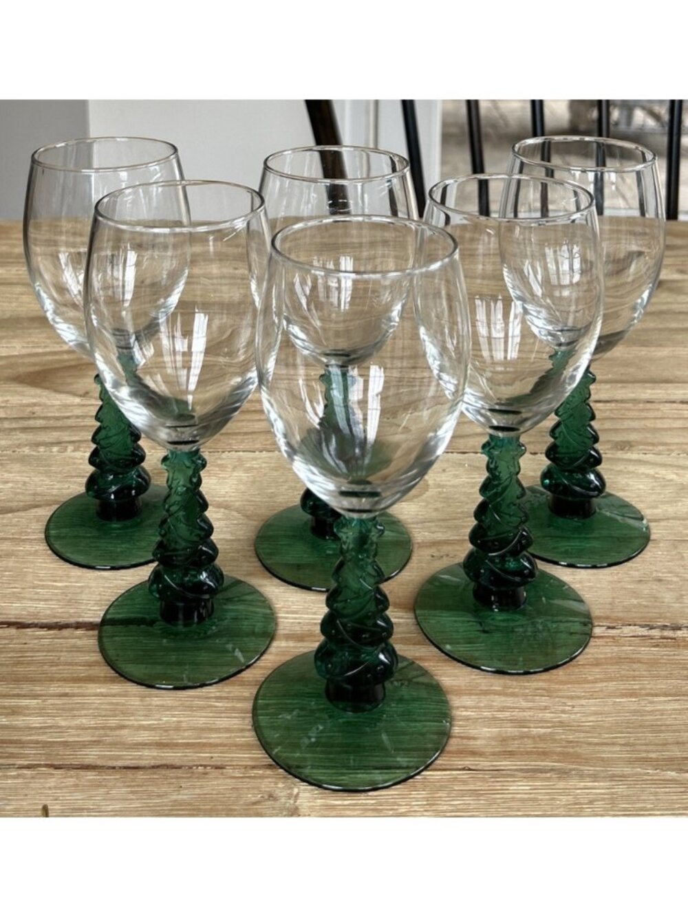 6 -  Libbey Christmas Tree Water Goblets Clear Green Stemware Holiday Christmas